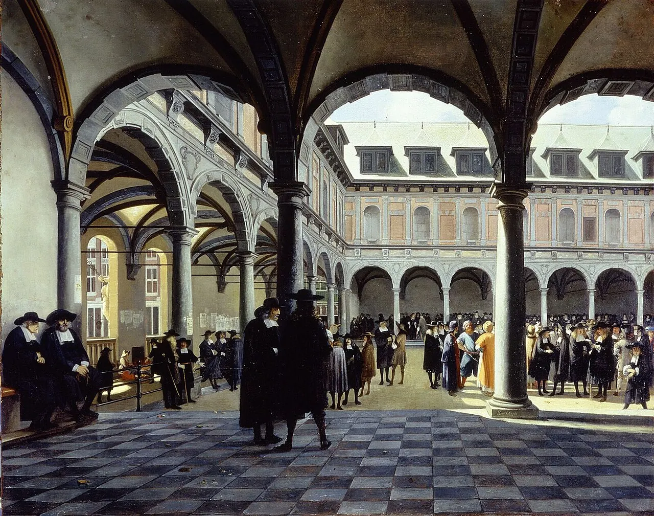 Painting of merchants gathered in the arcaded courtyard of the Amsterdam Exchange