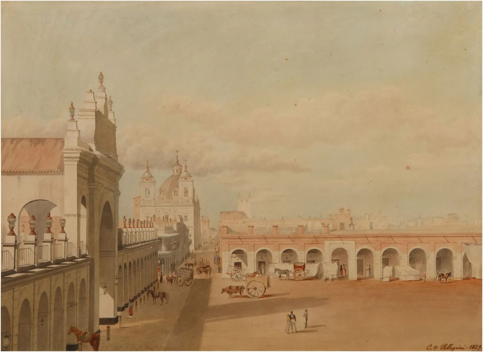 Painting of a sunlit colonial square with arcades and a church tower