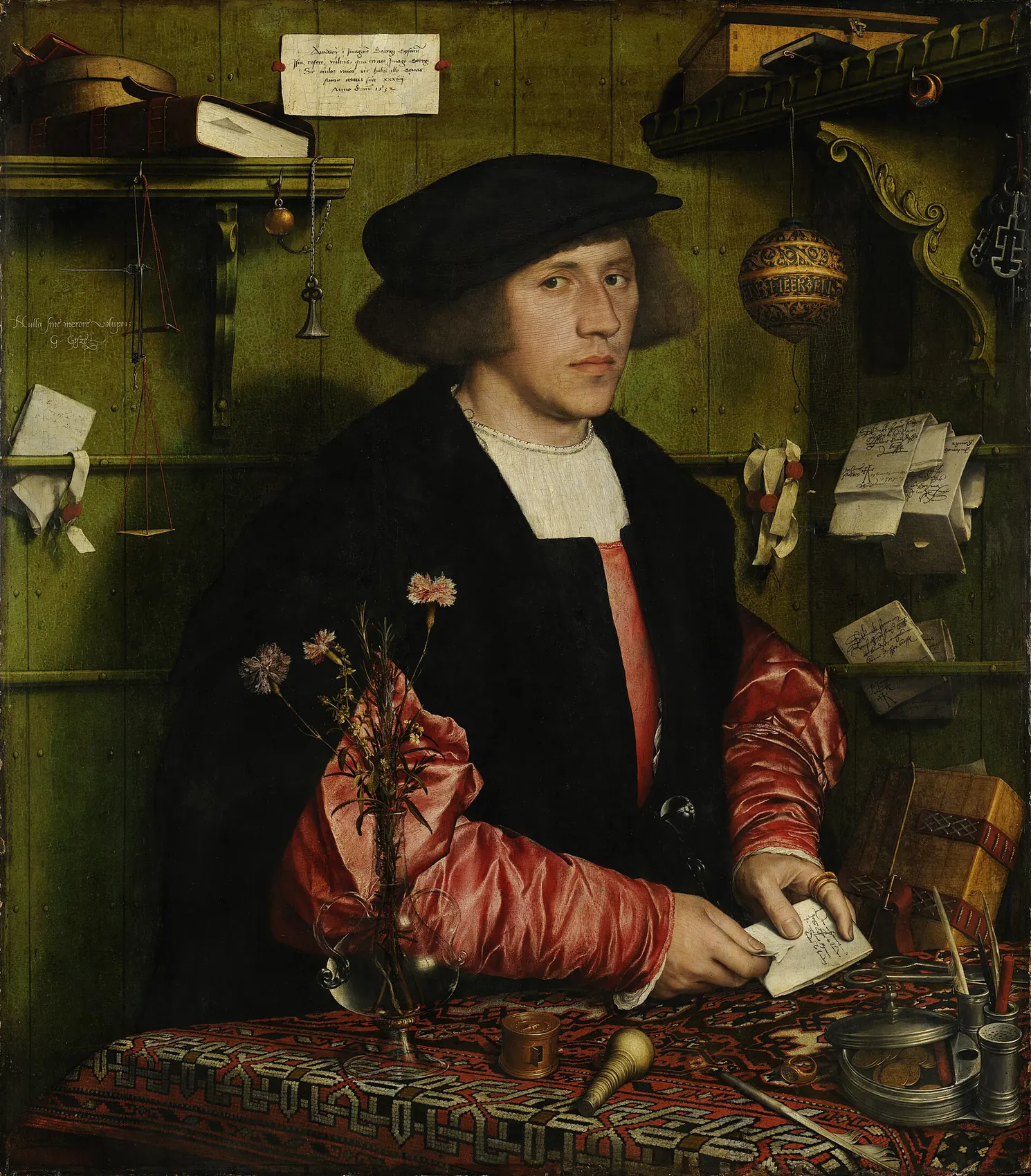 Portrait of a young merchant at a table covered with letters, scales and a glass vase