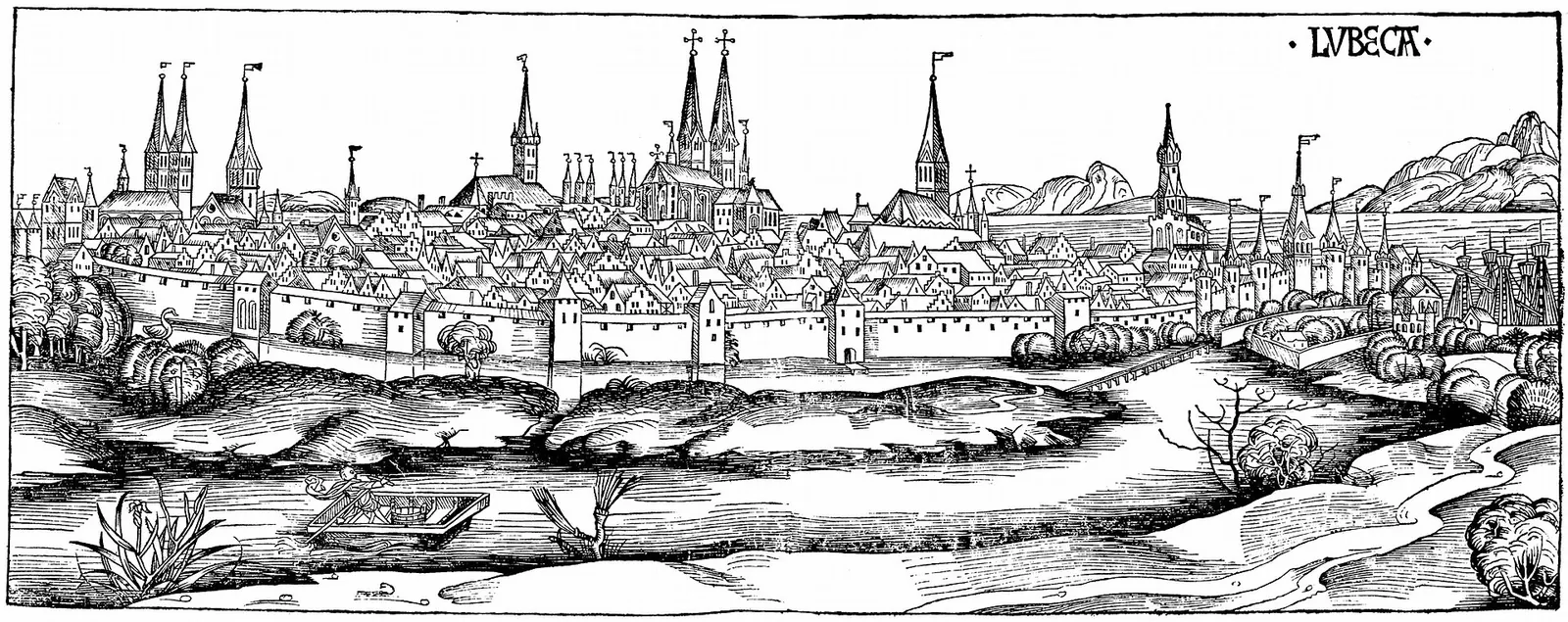 Woodcut panorama of a walled city with many spires