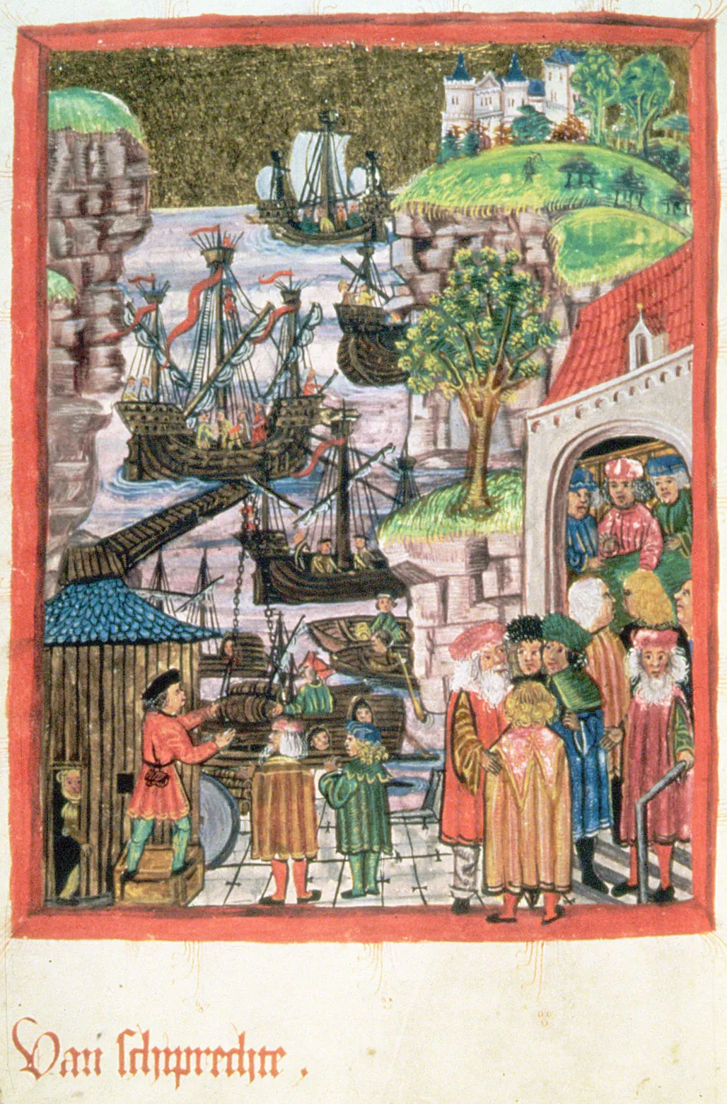 Illuminated miniature of a harbor with ships at anchor, a crane lowering a barrel, and merchants gathered at the door of a hall