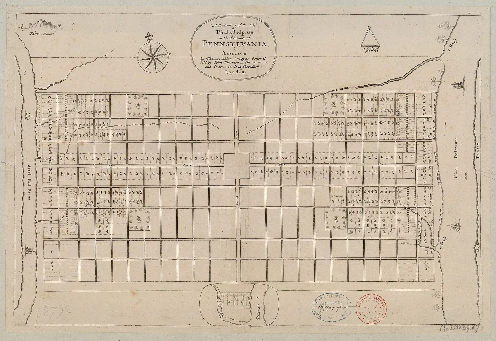 Seventeenth-century plan of a gridded city between two rivers