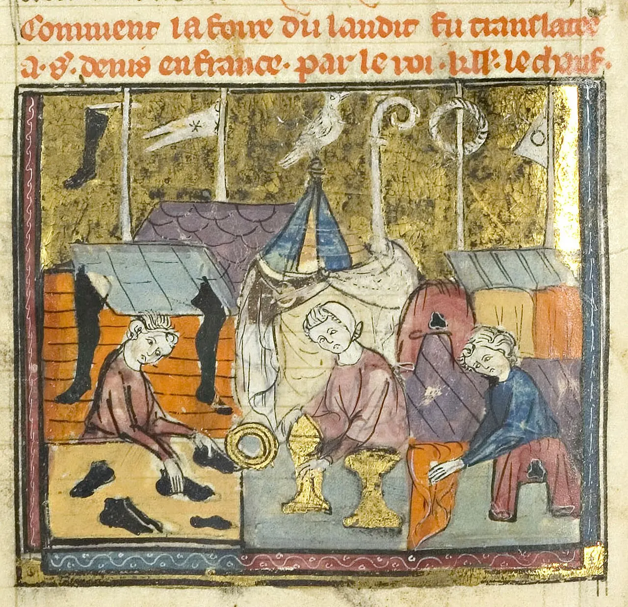Medieval illumination of merchants selling at stalls of the Lendit fair