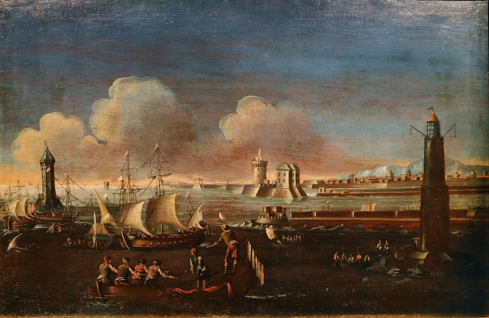 Painting of ships and a lighthouse at the entrance to the port of Livorno