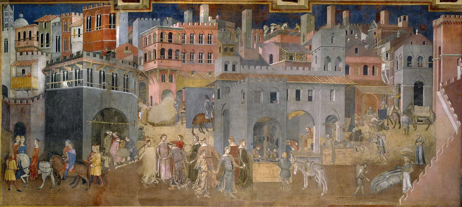 Fresco of a medieval city with shops, builders, riders and dancers in the street
