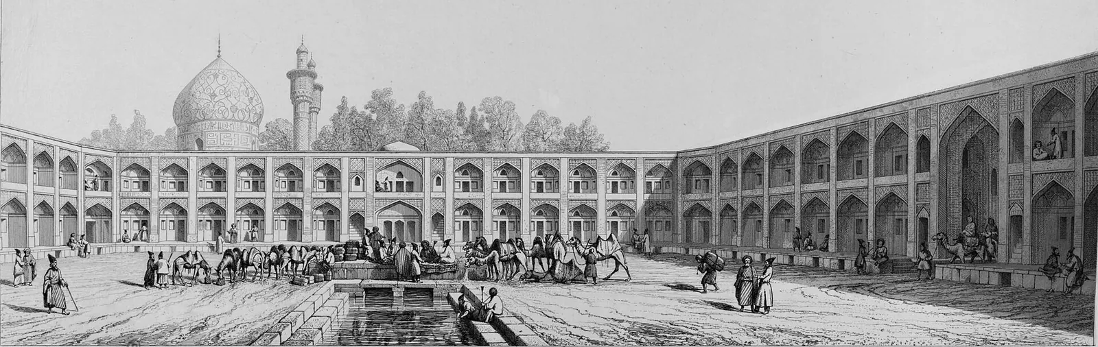 Engraving of a two-story arcaded courtyard with a long pool, camels and merchants, and a tiled dome and minarets beyond