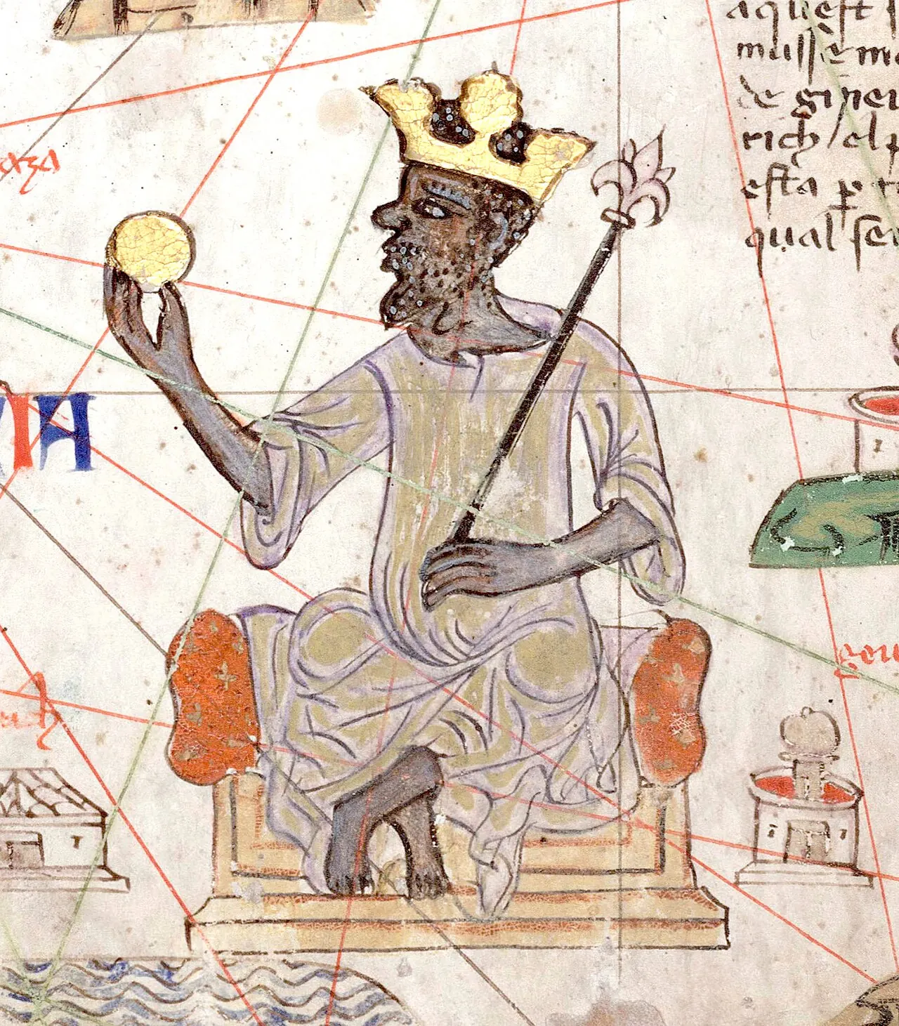Illuminated map detail of a crowned king on a throne holding a gold coin
