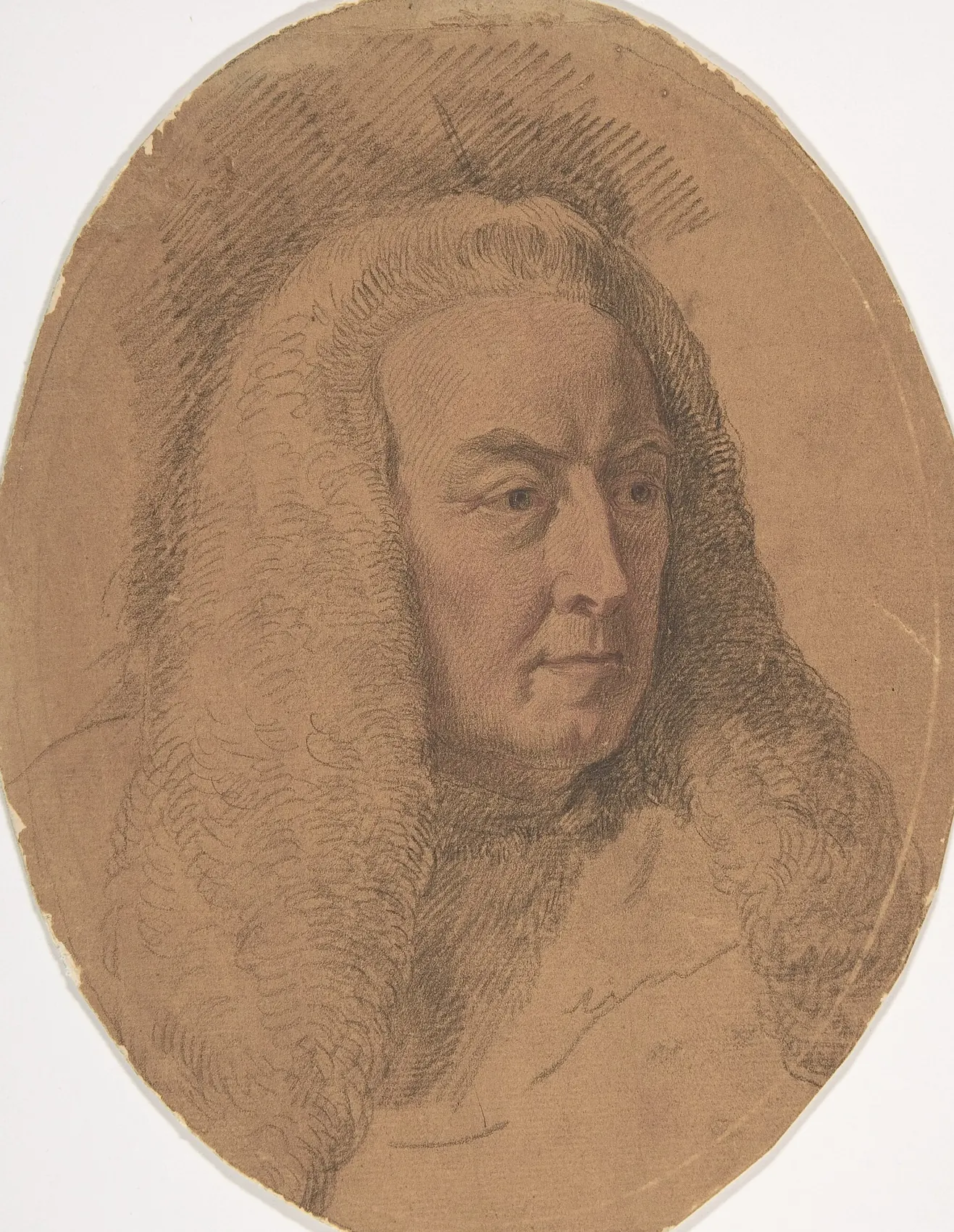 Drawing of an elderly judge in a full wig
