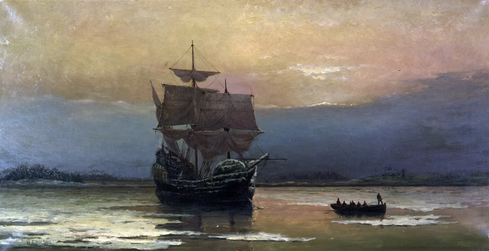 Painting of a sailing ship at anchor in a calm harbor at dusk