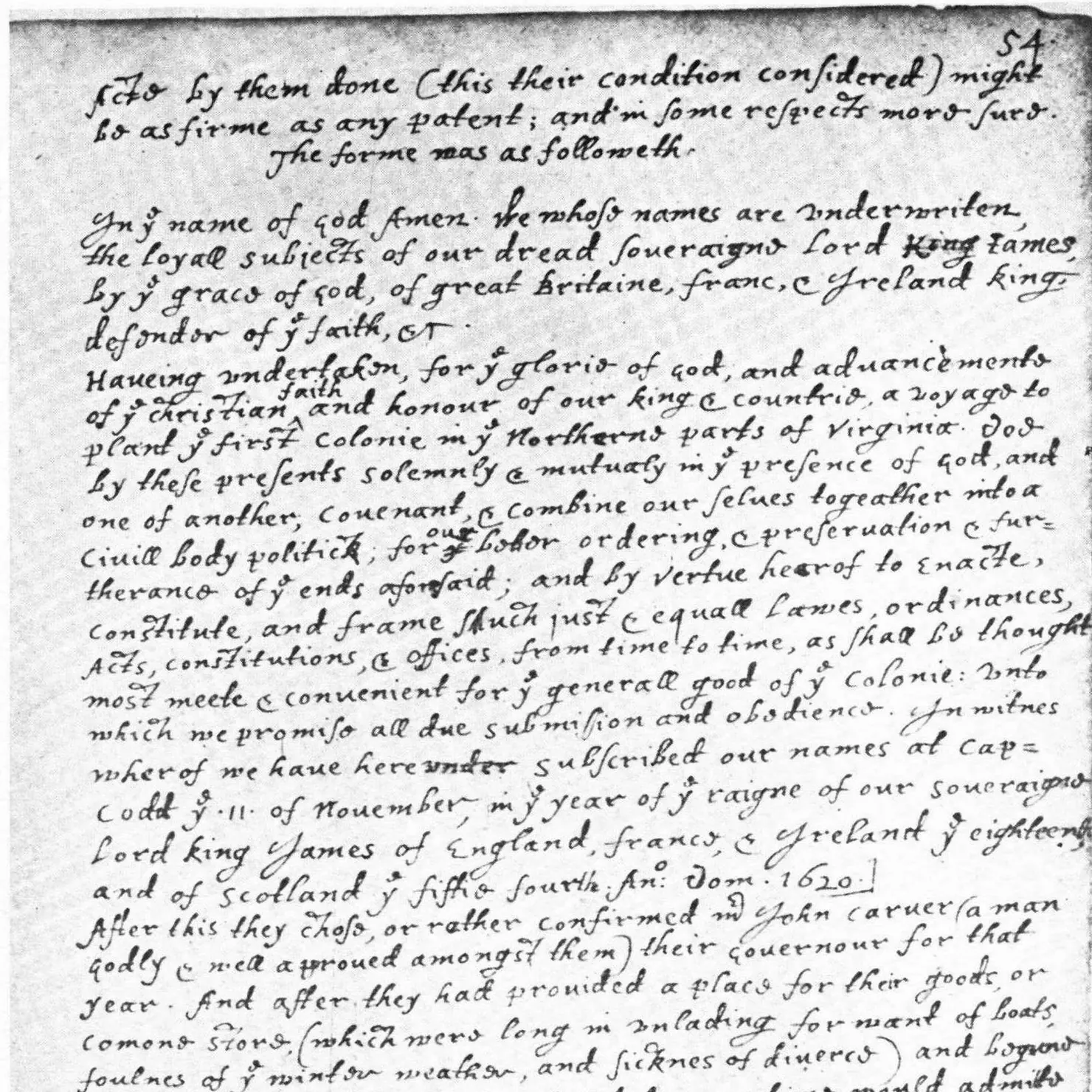 Black-and-white facsimile of a handwritten manuscript page: the text of the Mayflower Compact, beginning In the name of God Amen, with the date at Cape Cod the eleventh of November 1620