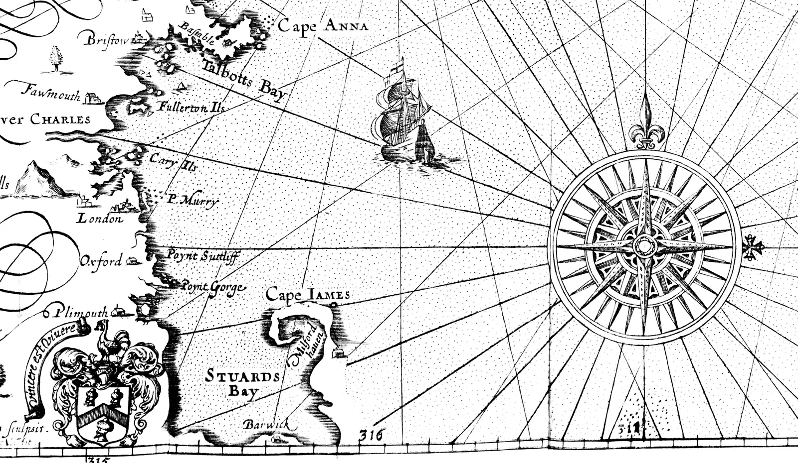 Detail of an engraved seventeenth-century map of the New England coast: Cape Anna, the River Charles, a harbor marked Plimouth, the hooked Cape James around Stuards Bay, a ship under sail and a compass rose