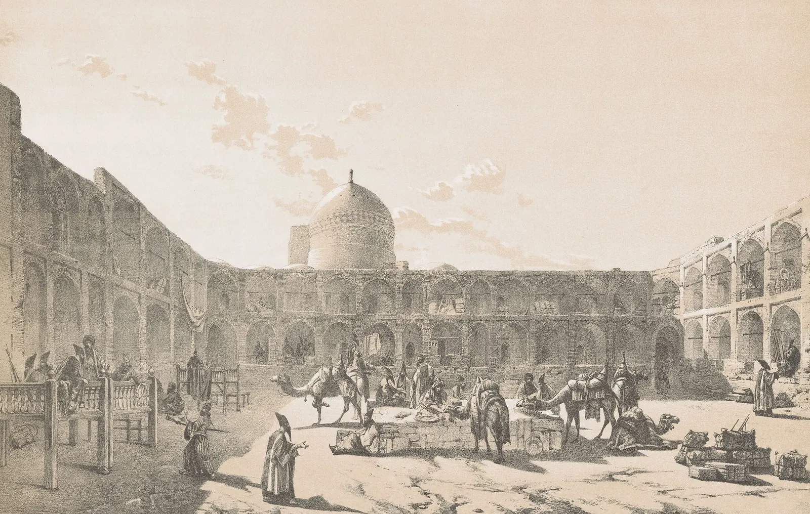 Lithograph of a vast arcaded caravanserai courtyard with a dome beyond, camels and travelers resting
