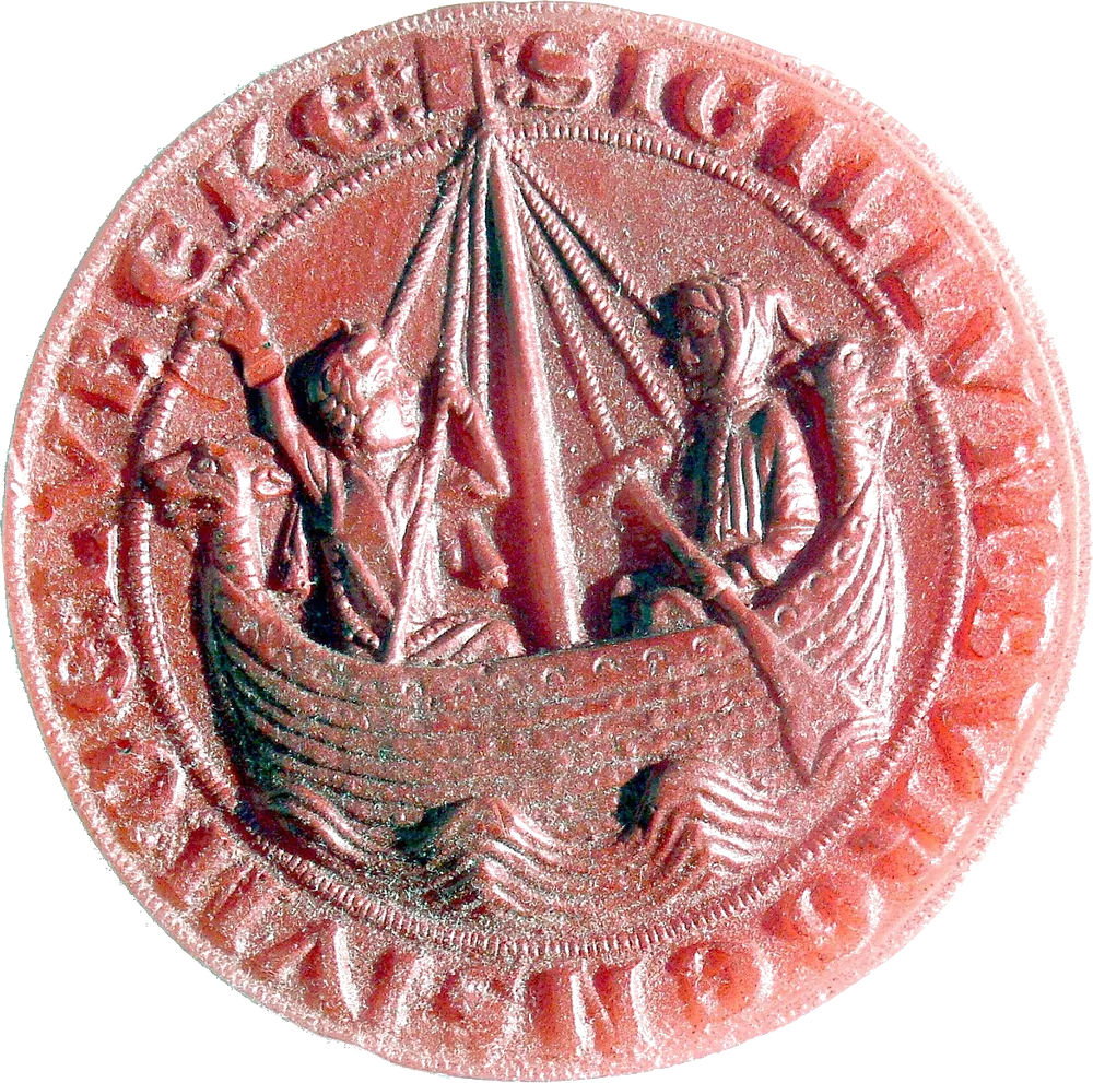 Red wax seal of the burghers of Lübeck, showing a cog with two figures