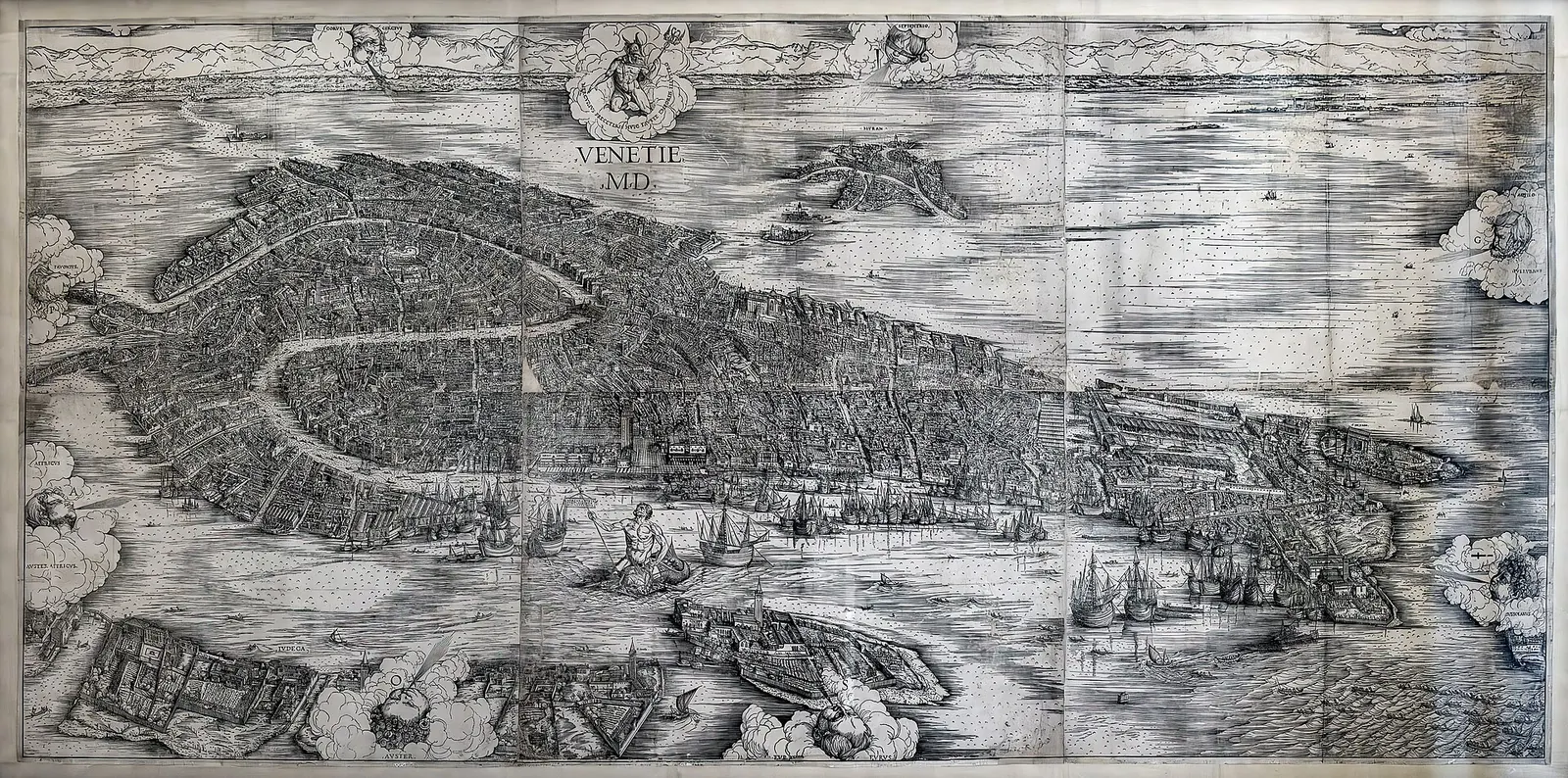 Detailed woodcut bird's-eye view of Venice and its lagoon