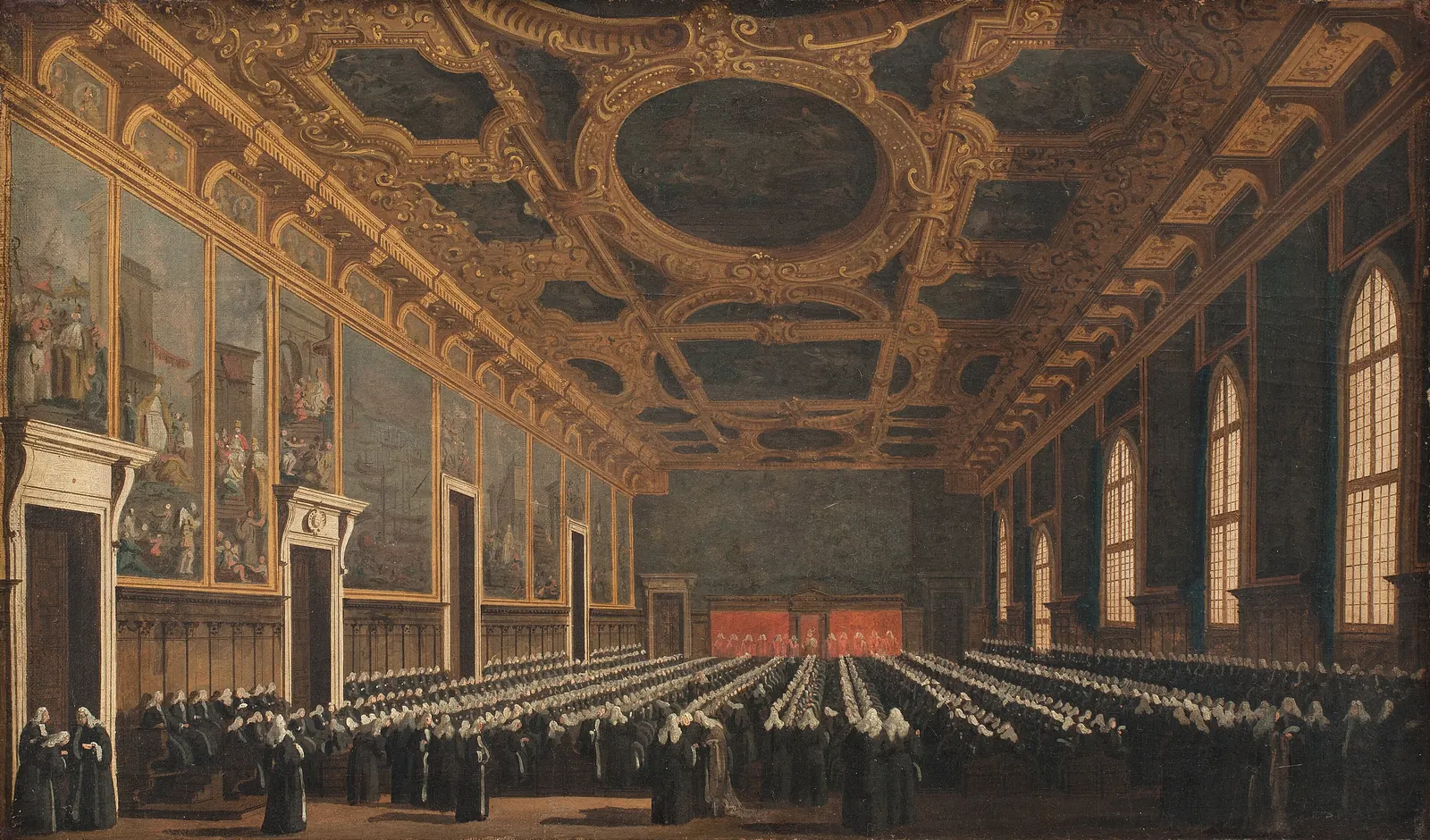 Painting of a long hall with a gilded ceiling and tall arched windows, where rows of patricians in dark robes and white wigs sit on benches facing a tribunal hung in red