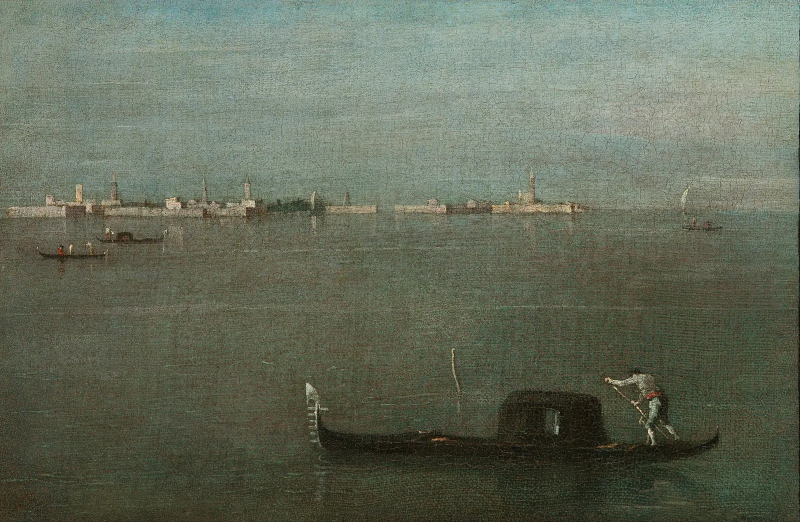 Painting of a still, gray-green lagoon under a pale sky: a gondola in the foreground, and on the horizon a low line of islands with churches and bell towers