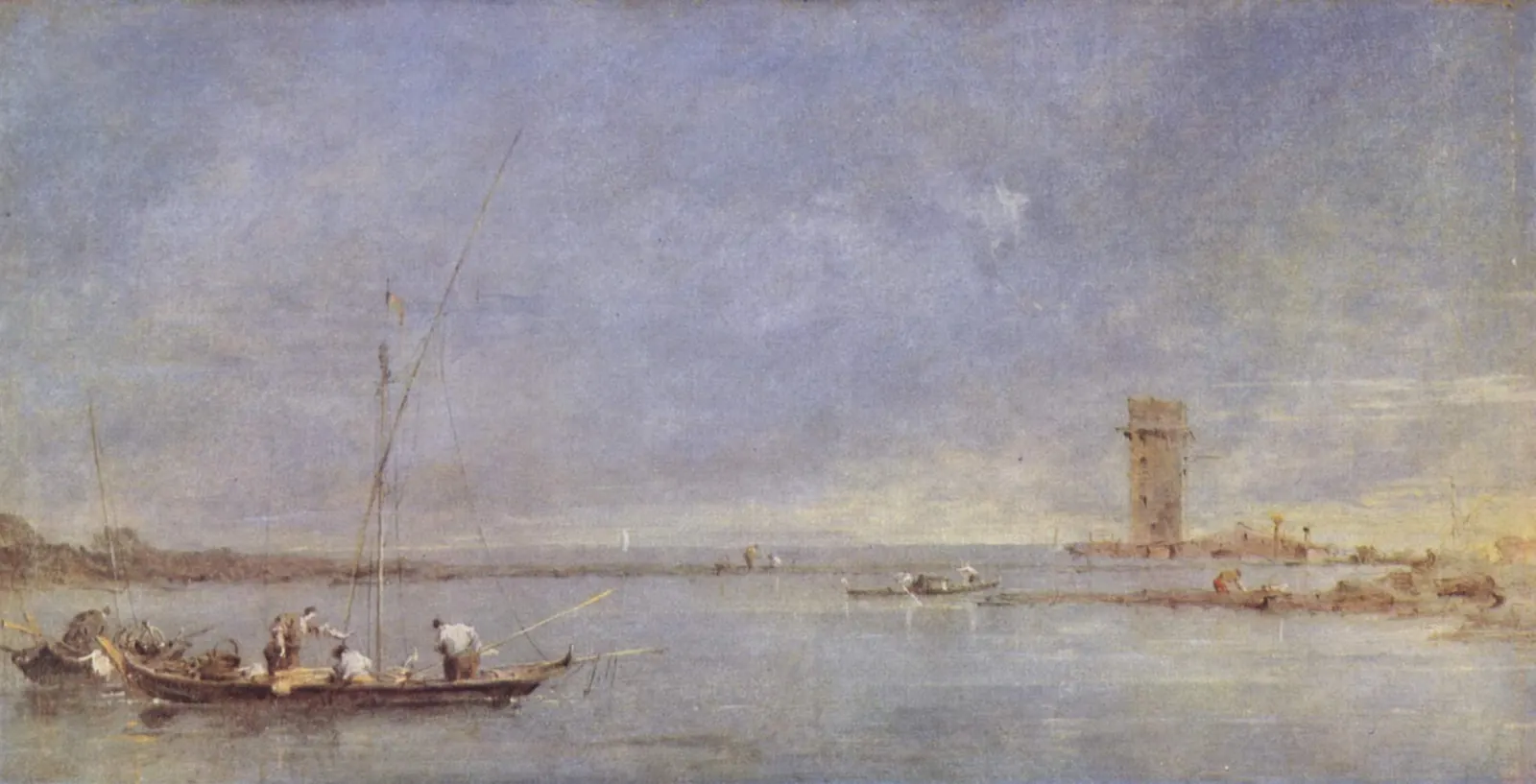 Painting of a calm, pale lagoon, with fishermen working from a boat at left and a lone square tower on a low island at right