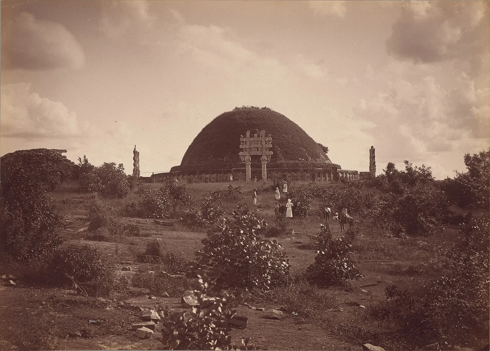 Nineteenth-century photograph of the Great Stupa at Sanchi with its carved gateway